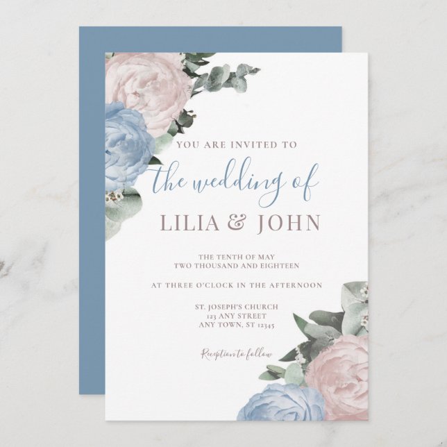 Modern Simple Floral Dusty Blue and Rose Wedding Invitation (Front/Back)