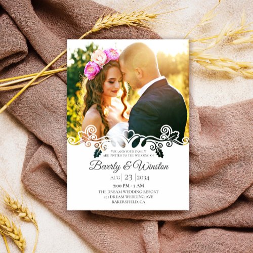 Modern Simple Floral Photo Frame Wedding Invitation