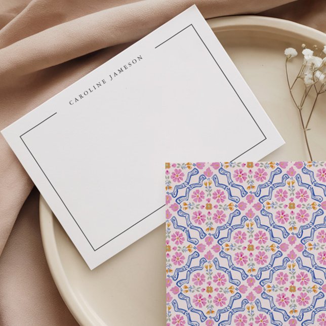 Modern Simple Floral Pink Name Flat Note Card (Creator Uploaded)