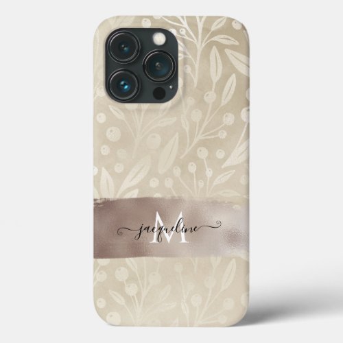 Modern Simple Foliage Neutral Bronze Foil Name iPhone 13 Pro Case