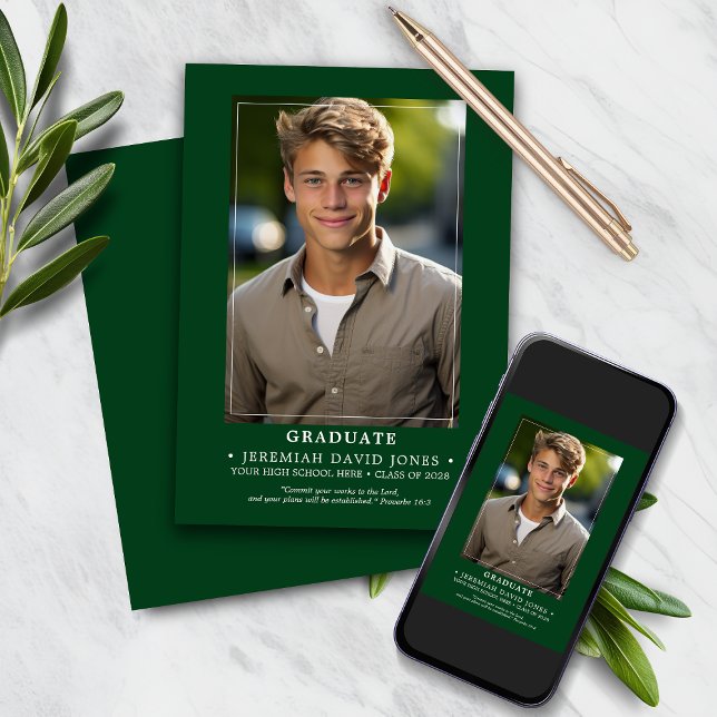 Modern Simple Forest Green Photo Graduation Announcement (Creator Uploaded)