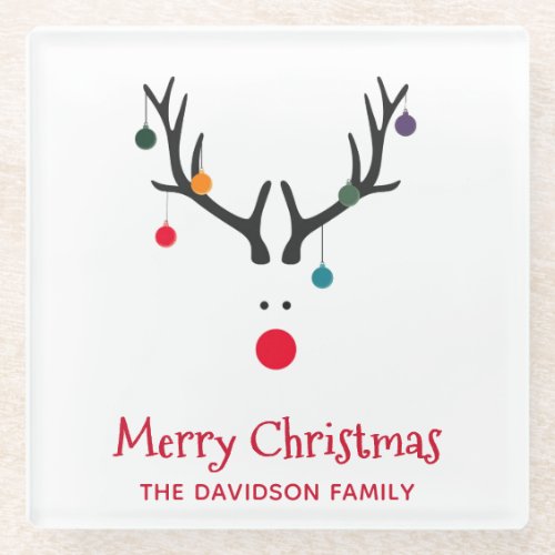 Modern simple funny Christmas reindeer white Glass Coaster