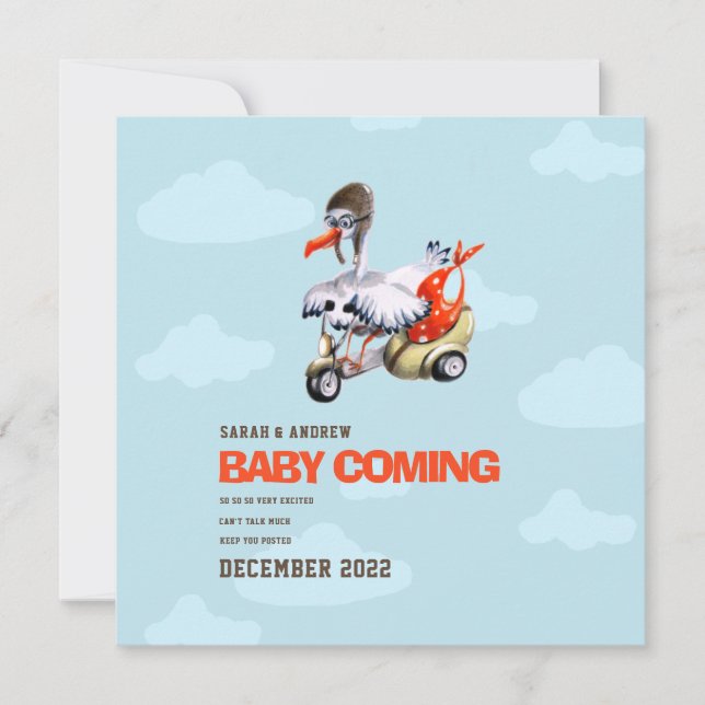 Modern Simple Funny Stork Gender Neutral Pregnancy Announcement (Front)