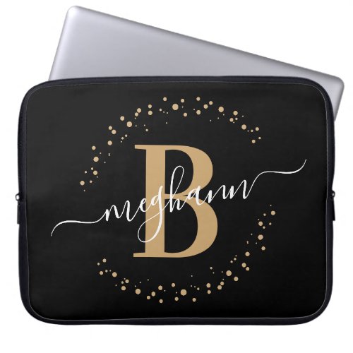 Modern Simple Girly Black Gold Monogram Script Laptop Sleeve