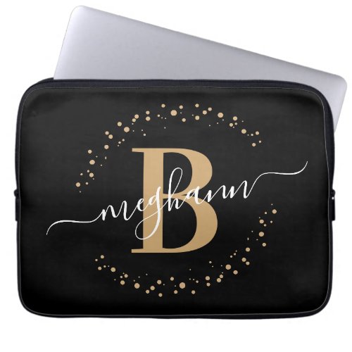 Modern Simple Girly Black Gold Monogram Script Laptop Sleeve