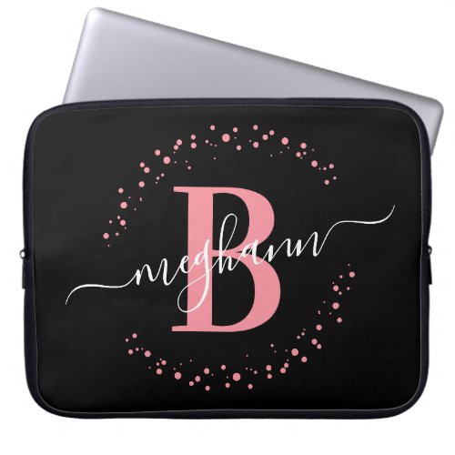 Modern Simple Girly Pink Black Monogram Script Laptop Sleeve