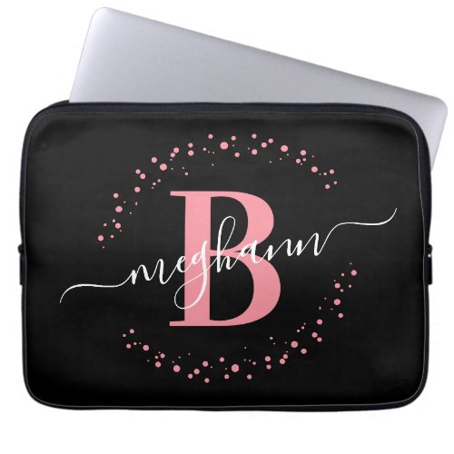 Modern Simple Girly Pink Black Monogram Script Laptop Sleeve