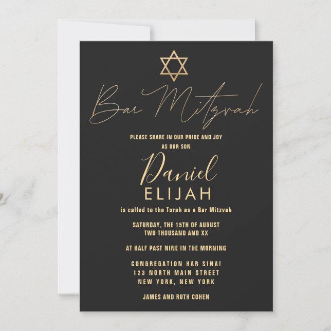Modern Simple Gold Black Star Bar Mitzvah Invitation (Front)