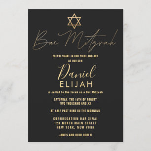 Modern Simple Gold Black Star Bar Mitzvah Invitation