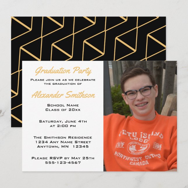 Modern Simple Gold Black & White Graduation Photo Invitation (Front/Back)