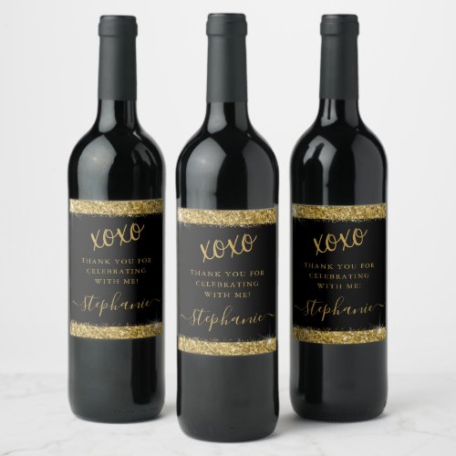 Modern Simple Gold Black XOXO Thank You Wine Label