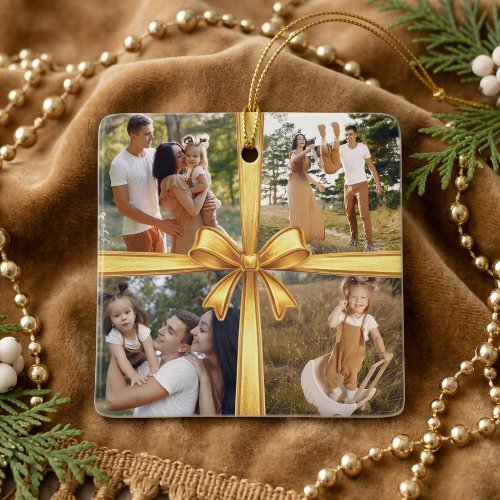 Modern Simple Gold Bow Custom 4 Photo Collage Ceramic Ornament