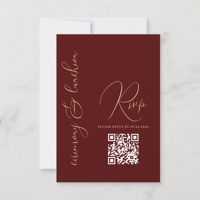 Modern Simple Gold Burgundy Red QR Bat Mitzvah RSVP Card (Front)