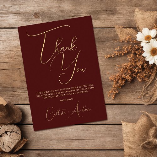 Modern Simple Gold Burgundy Red Thank You Card