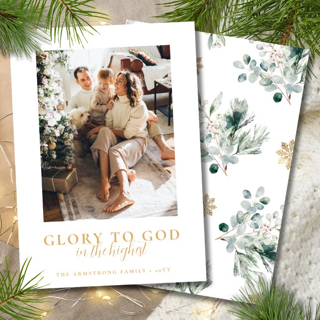 Modern Simple Gold & Greenery Photo Christmas Holiday Card (Religious Christmas card with photo, Bible verse and winter greenery)