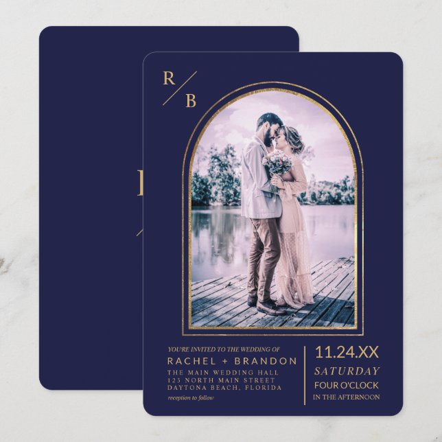 Modern Simple Gold Navy Blue Arch Wedding Invitation (Front/Back)