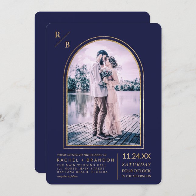Modern Simple Gold Navy Blue Arch Wedding Invitation (Front/Back)