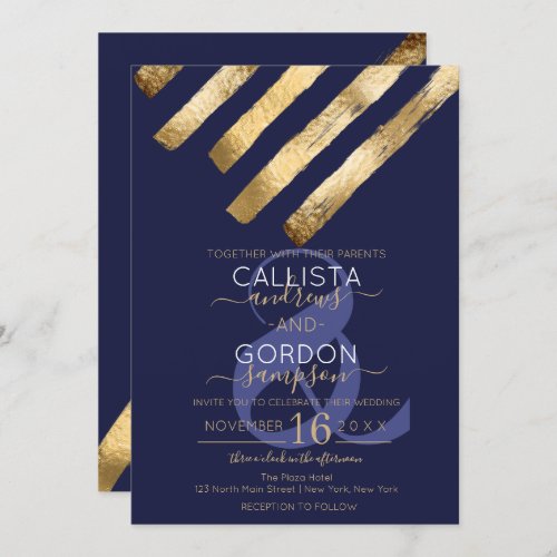 Modern Simple Gold Navy Blue Brushstrokes Wedding Invitation