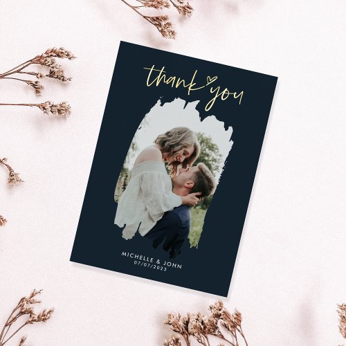 Modern Simple Gold Navy Photo Wedding Thank You Foil Greeting Card