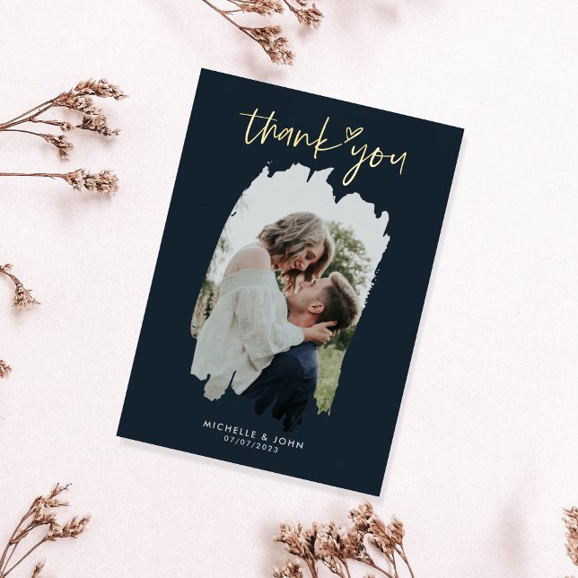 Modern Simple Gold Navy Photo Wedding Thank You Foil Greeting Card (Creator Uploaded)