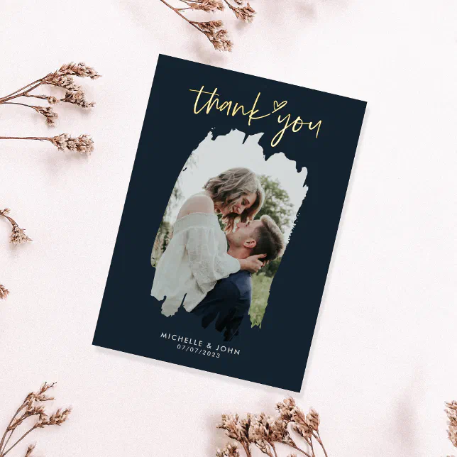 Modern Simple Gold Navy Photo Wedding Thank You Foil Greeting Card | Zazzle