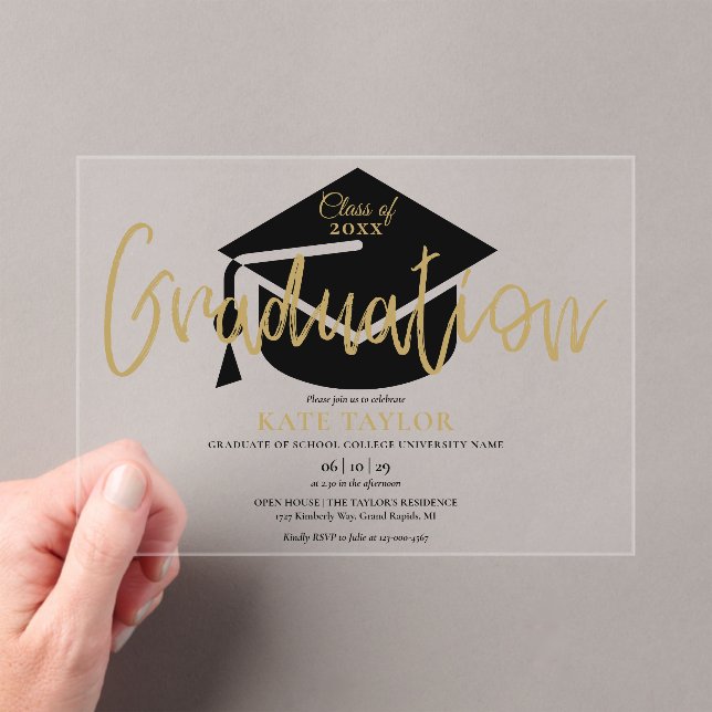 Modern Simple Gold Script Graduation Party Acrylic Invitations (Insitu (Handheld))