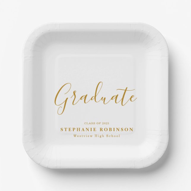 Modern Simple Gold Script Graduation Party Paper Plates (Front)