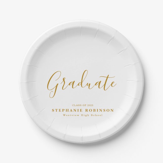 Modern Simple Gold Script Graduation Party Paper Plates (Front)