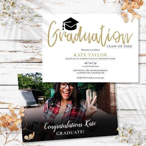 Modern Simple Gold Script Graduation Party Photo Invitation