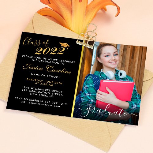 Modern Simple Gold Script Graduation With Photo Invitation