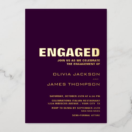 Modern Simple Gold Text Mulberry Engagement Party Foil Invitation