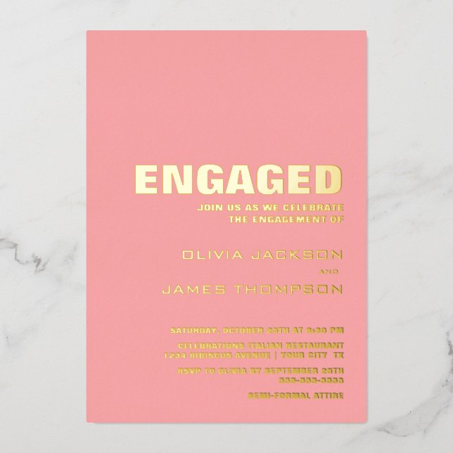 Modern Simple Gold Text Pink Engagement Party Foil Invitation (Front)