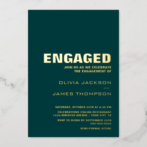 Modern Simple Gold Text Teal Engagement Party Foil Invitation