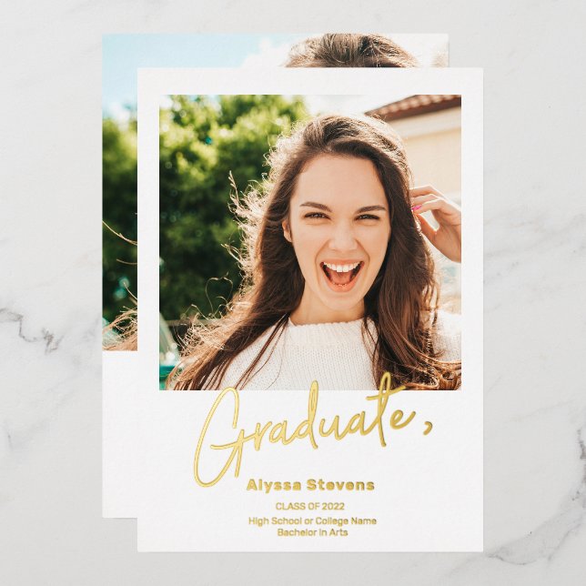 Modern simple gold white 2 photos graduation foil invitation (Front/Back)