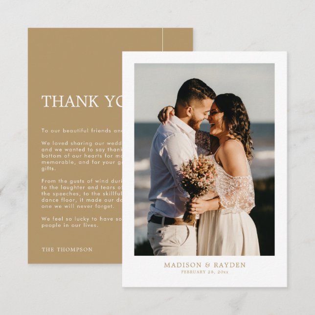 Modern Simple Gold with Photo Wedding Thank You Card (Front/Back)