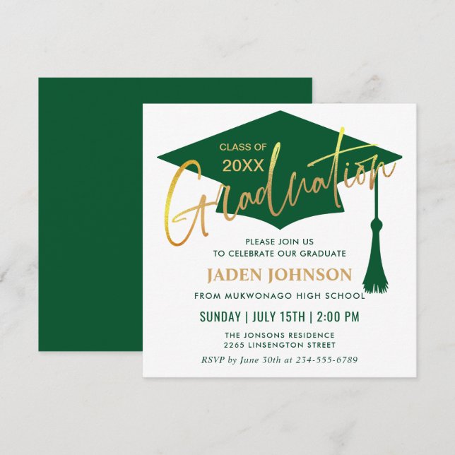 Modern Simple Golden Green Graduation Party Invitation (Front/Back)