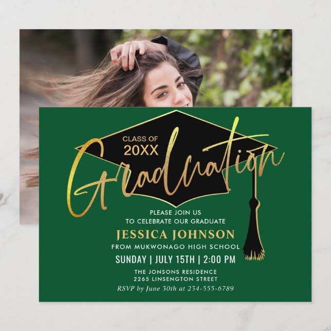 Modern Simple Golden Green Graduation Party Photo Invitation (Front/Back)