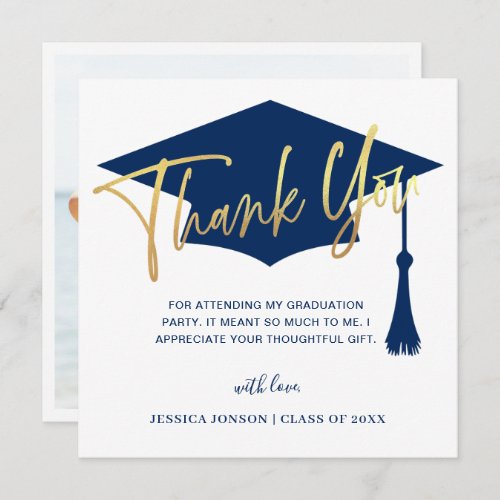 Modern Simple Golden Navy Graduation PHOTO Thank You Card