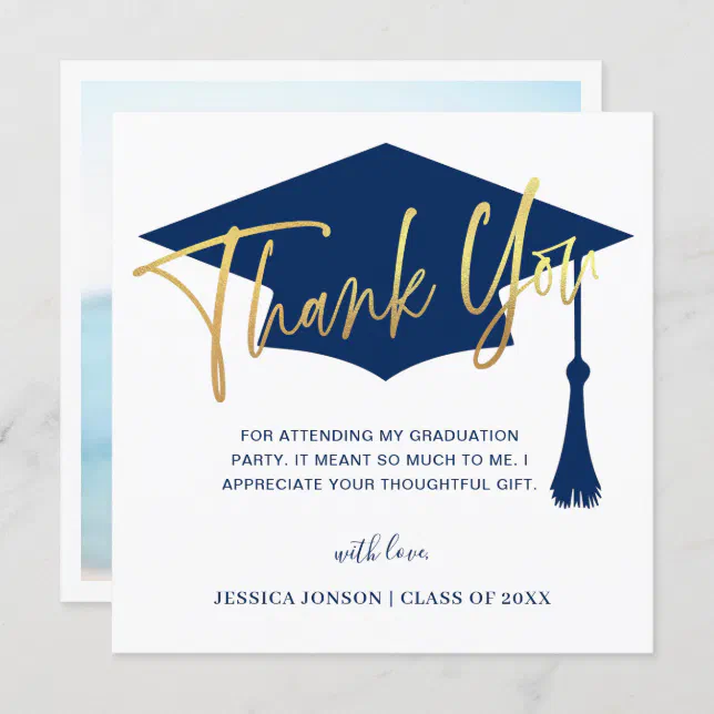 Modern Simple Golden Navy Graduation PHOTO Thank You Card | Zazzle