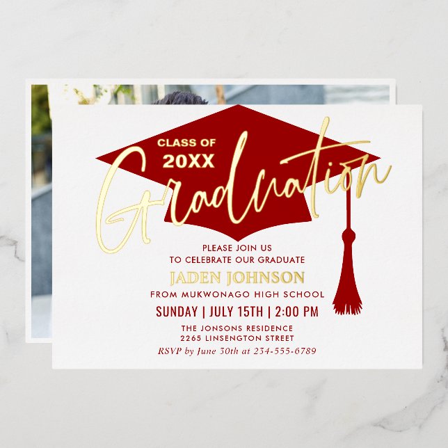 Modern Simple Golden Red Graduation Party Foil Invitation (Front/Back)