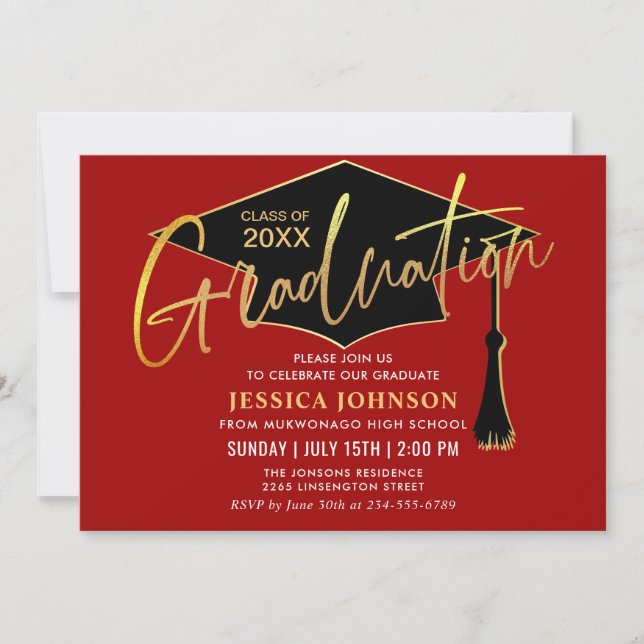 Modern Simple Golden Red Graduation Party Invitation (Front)