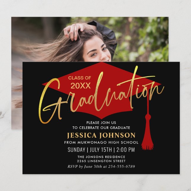 Modern Simple Golden Red Graduation Party Invitation (Front/Back)