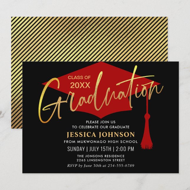 Modern Simple Golden Red Graduation Party Invitation (Front/Back)