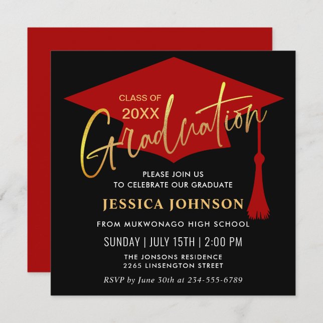Modern Simple Golden Red Graduation Party Invitation (Front/Back)