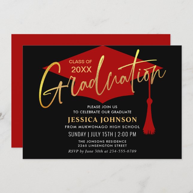 Modern Simple Golden Red Graduation Party Invitation (Front/Back)