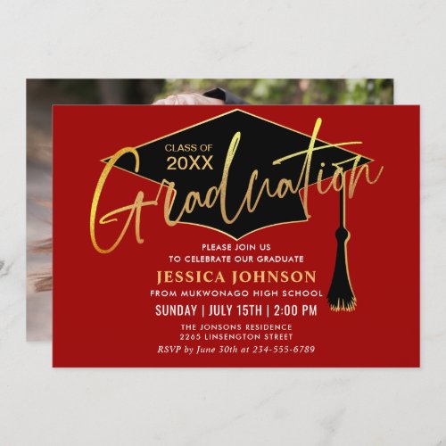 Modern Simple Golden Red Graduation Party Photo Invitation