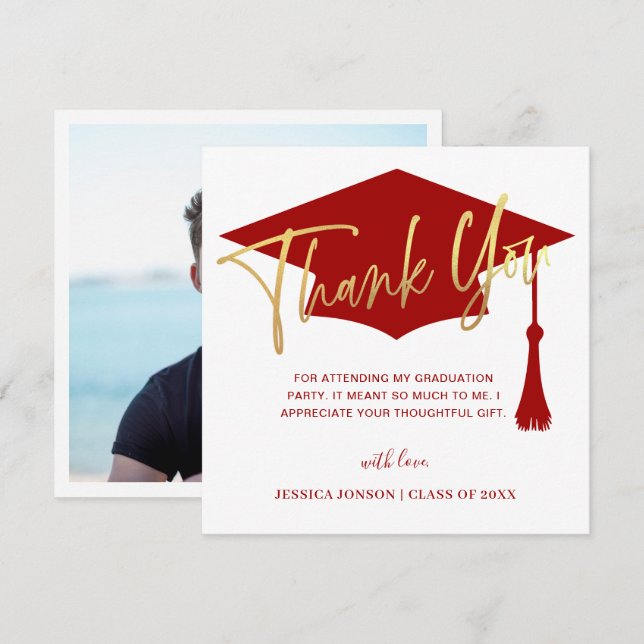 Modern Simple Golden Red Graduation Photo Thank You Card (Front/Back)