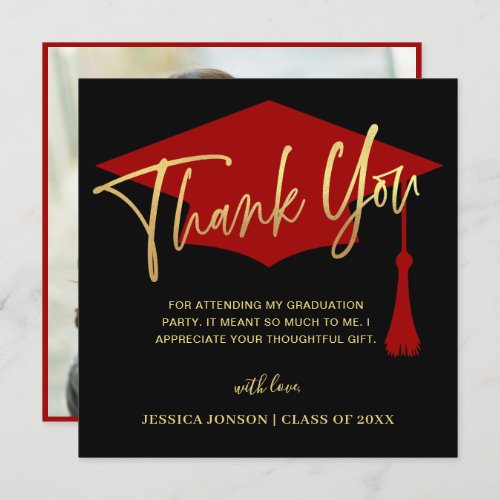 Modern Simple Golden Red Graduation Photo Thank You Card