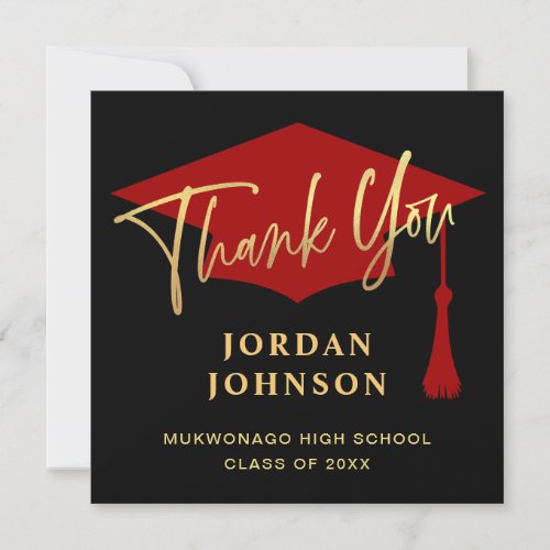 Modern Simple Golden Red Graduation Thank You Card