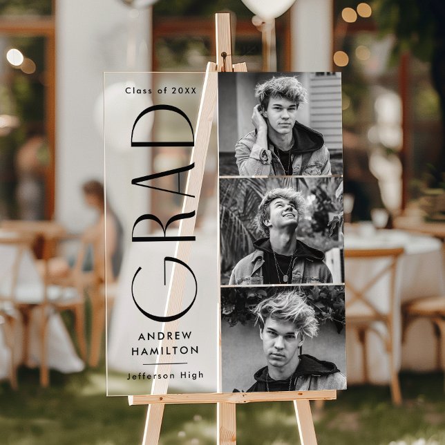 Modern Simple Grad 3 Photo Graduation Party Acrylic Sign (Creator Uploaded)